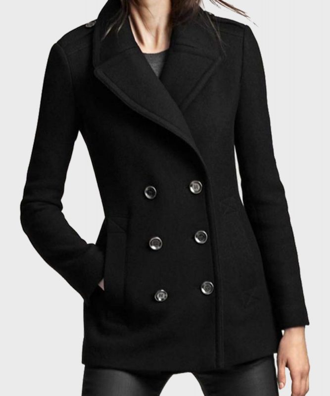 Tanming Women's Winter Double Breasted Coat Black Wool