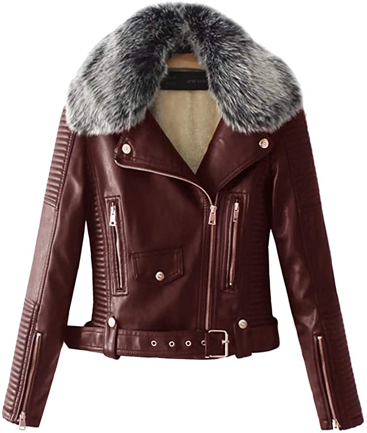 Women's Faux Fur Quilted Brown Moto Jacket (3)