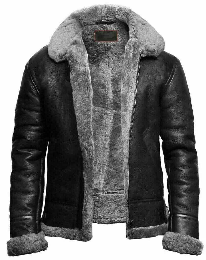 Mens Bomber Fur Collar Vintage Style Black Leather Jacket