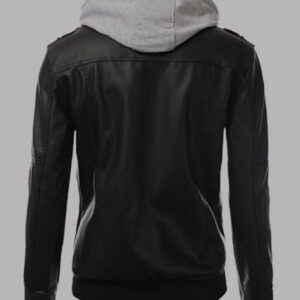 Mens Black Bomber Leather Hooded Jacket