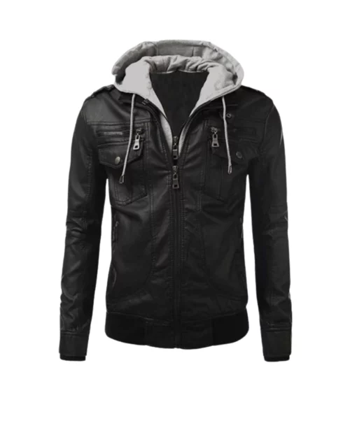 Mens Black Leather Hooded Jacket