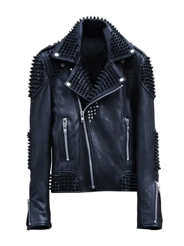 Mens Black Studded Metal Spiked Motorcycle Leather Jacket