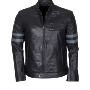 Mens Blue Stripe Retro Black Cafe Racer Jacket