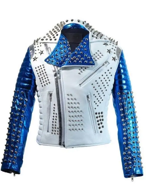 Men's Silver Studded White Motorcycle Jacket