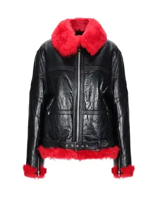 Women Red Faux Fur Aviator Jacket