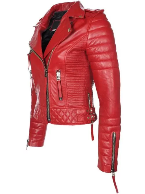 Womens Boda Style Quilted Red Biker Leather Jacket