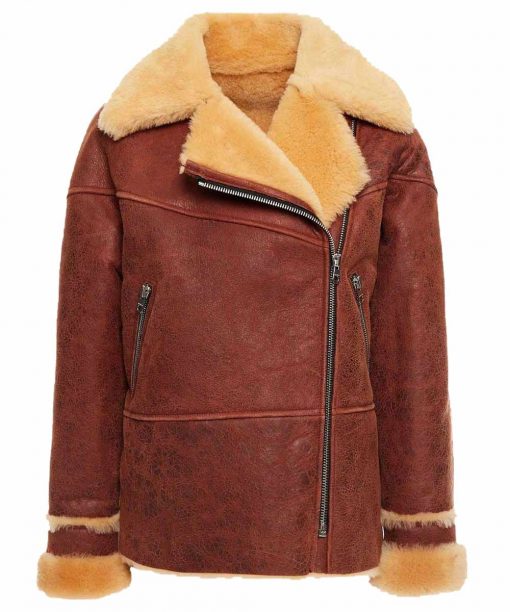 Womens Winter Classic Brown Distressed Leather Shearling Jacket