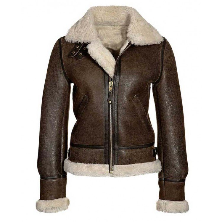  Womens Aviator Shearling Brown Leather Jacket