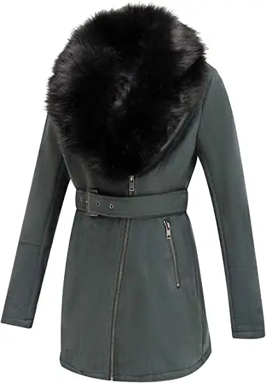 Women's Green Leather Fur Pea Coat