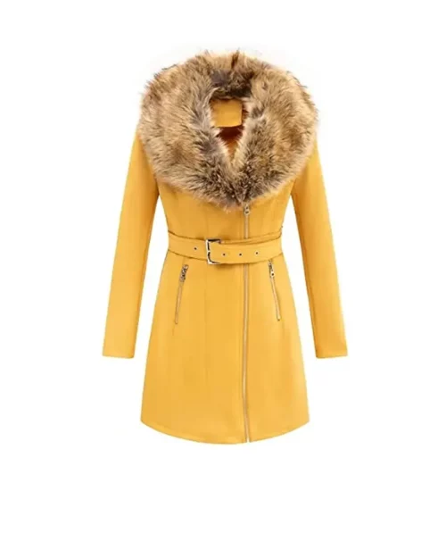 Women’s Yellow Leather Fur Pea Coat