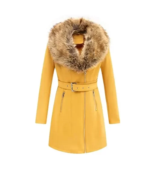 Women’s Yellow Leather Fur Pea Coat