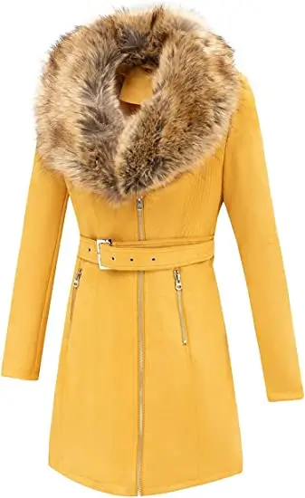 Women's Yellow Leather Fur Pea Coat