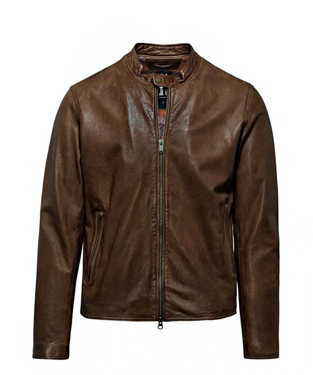 Mens Brown Leather Snap Tab Collar Jacket