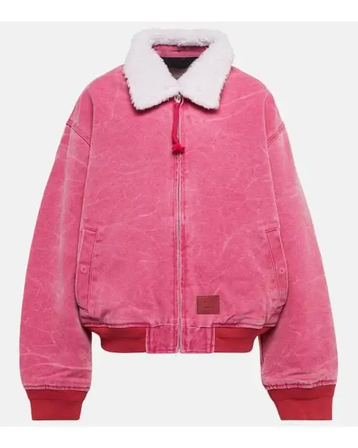 Distressed Pink Denim Fur Bomber Jacket | Pink Denim Jacket