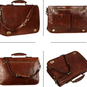 Time Resistance Leather Briefcase for Men Italian Handcrafted Full Bag for Laptop Dark Brown