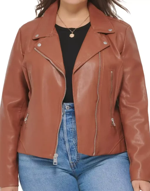 women Plus size Brown Leather Biker Jacket