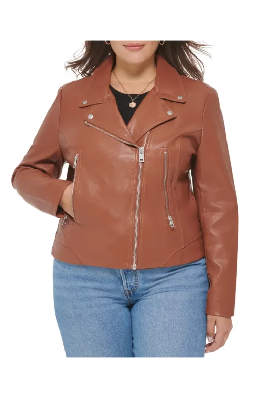 women Plus size Brown Leather Moto Jacket
