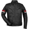 Men’s Black Leather Red and White Striped Cafe Racer Jacket