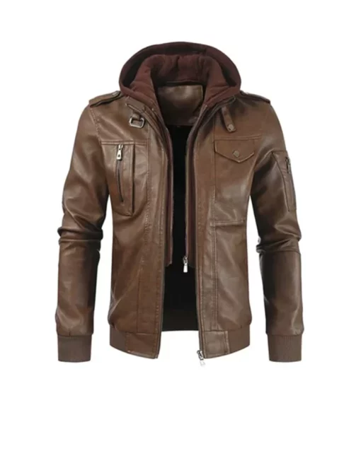 Brown Leather Hooded Rider Jacket