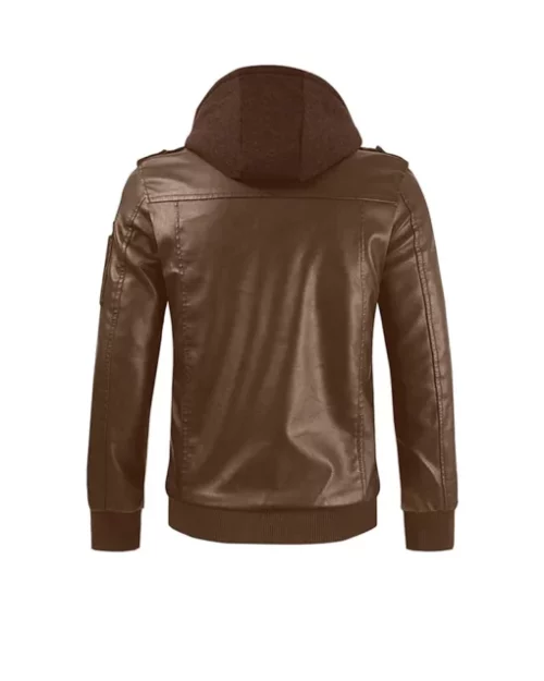 Men Brown Hooded Biker Leather Jacket