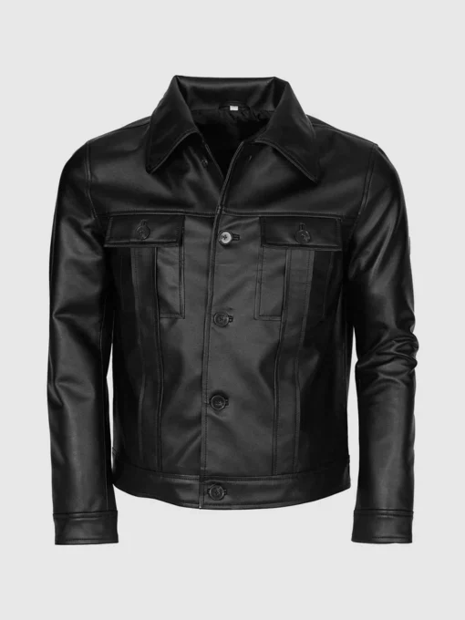 Men Folded Collar Black Leather Jacket
