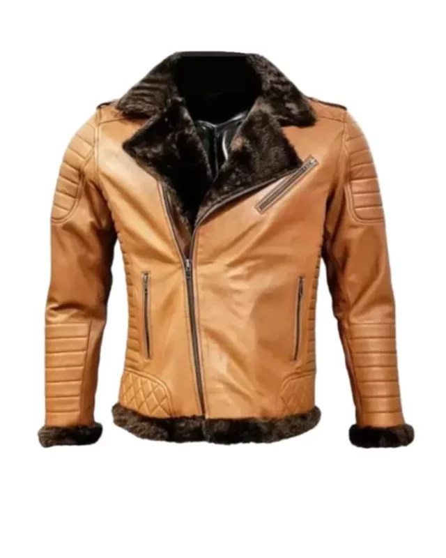 Men's Beige Fur Leather Aviator Jacket