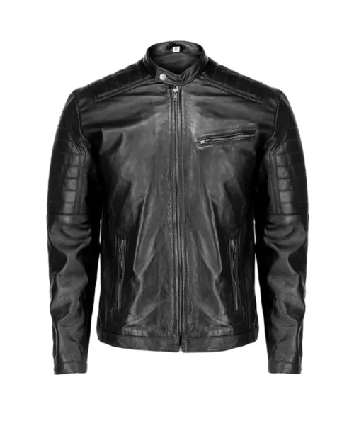 Mens Cafe Racer Sheep Black Leather Jacket