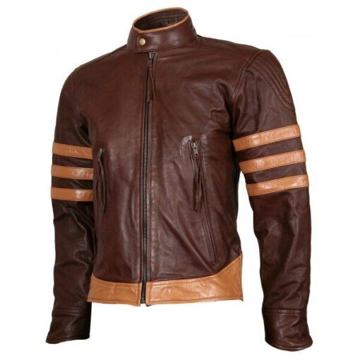 Men’s Tan Brown Distressed Leather Jacket with Strips