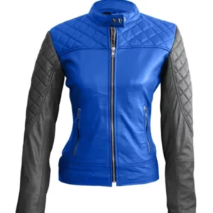 Women Blue With Black Quilted Leather Jacket