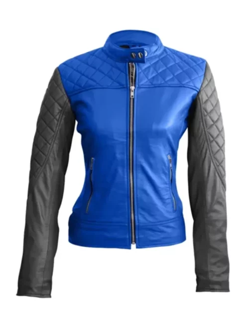 Women Blue With Black Quilted Leather Jacket