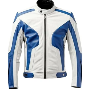 White and Blue Lambskin Biker Jacket