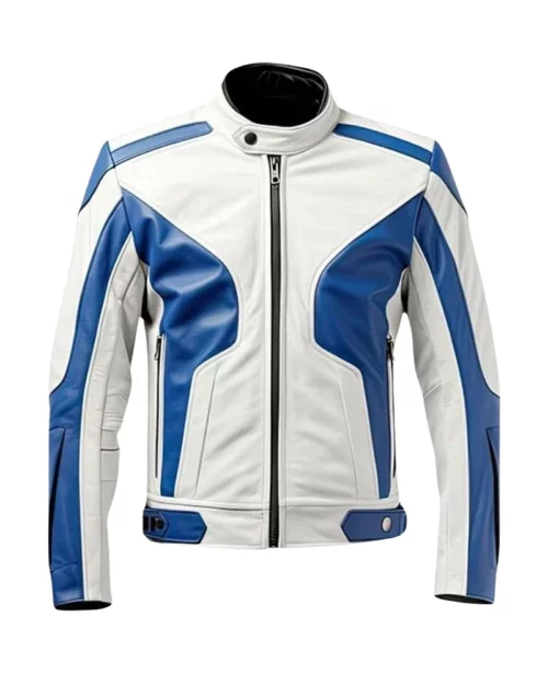 White and Blue Lambskin Biker Jacket