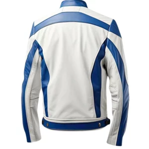 White and Blue Lambskin Leather Biker Jacket