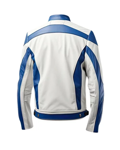 White and Blue Lambskin Leather Biker Jacket