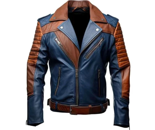 Mens Blue and Brown Leather Jacket