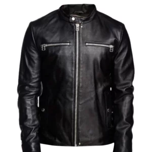 Men Black Detachable Hooded Leather Jacket
