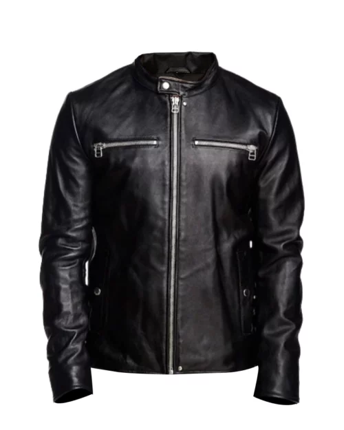 Men Black Detachable Hooded Leather Jacket