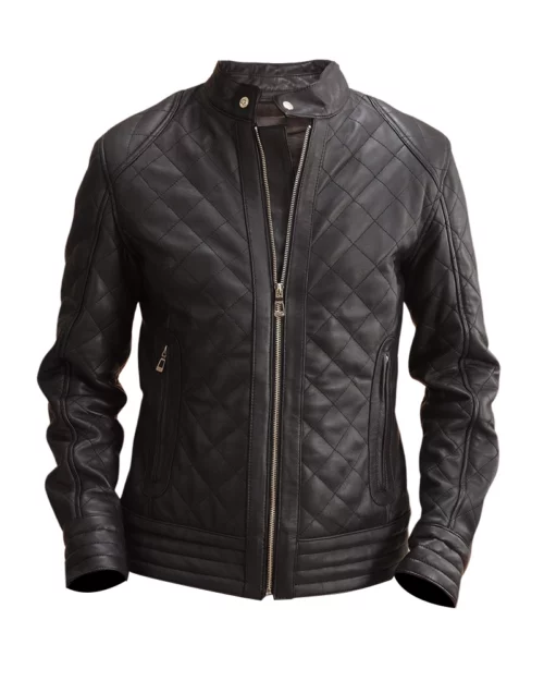 Men Black Leather Quilted Jacket