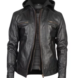 Men Black Leather Racer Jacket with Removable Hoodie
