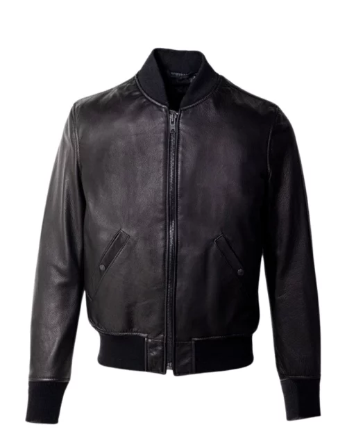 Men Casual Black Bomber Leather Jacket