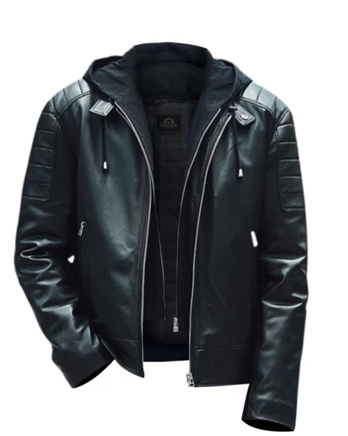 Men Lambskin Leather Moto Hooded Jacket