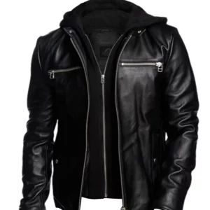 Mens Black Detachable Hooded Leather Jacket