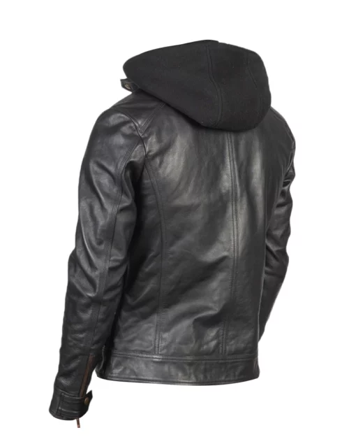 Men's Black Leather Racer Jacket with Removable Hoodie