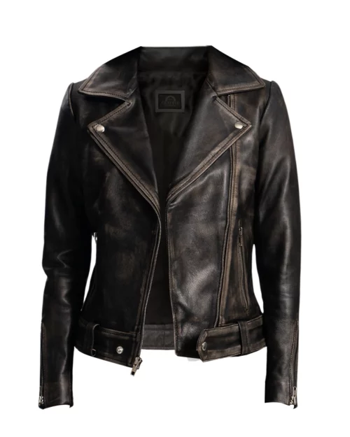 Women Rumy Distressed Brown Leather Biker Jacket