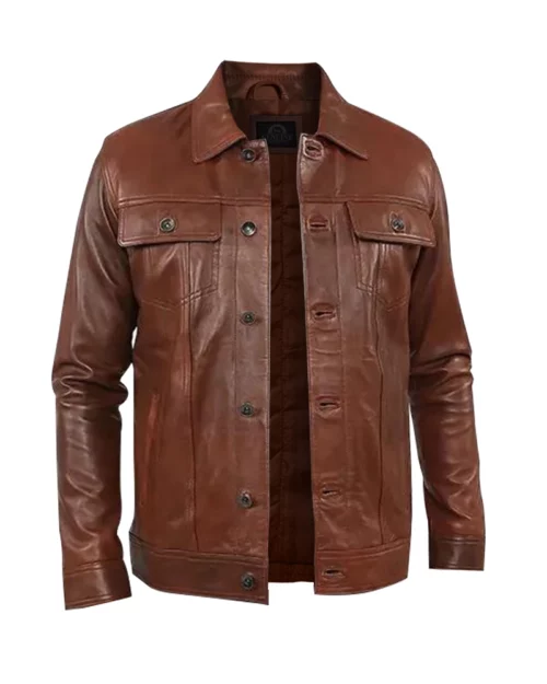 Mens Brown Shiny Stylish Collar Style Leather Jacket