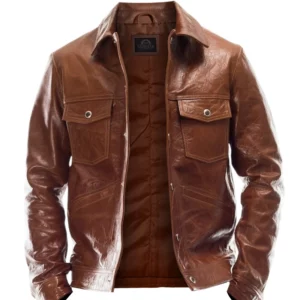 Men Brown Cowhide Leather Trucker Jacket
