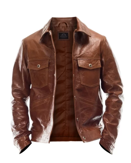 Men Brown Cowhide Leather Trucker Jacket