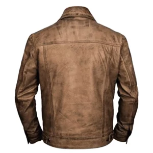 Men Distressed Leather Camel Brown Trucker Jacket