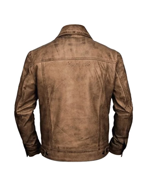 Men Distressed Leather Camel Brown Trucker Jacket