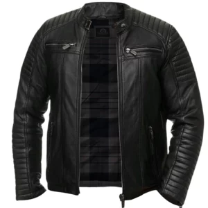 Men Quilted Biker Black Leather Jacket